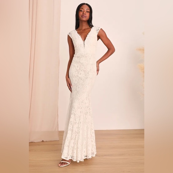 Lulus Icing on the Cake White Lace Maxi / Wedding Dress With Mermaid Flare - Picture 7 of 8